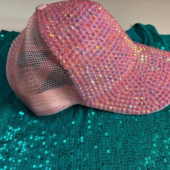 Sparkly Pink Rhinestone Bedazzled Beaded Baseball Hat Cap - Picture 5 of 9